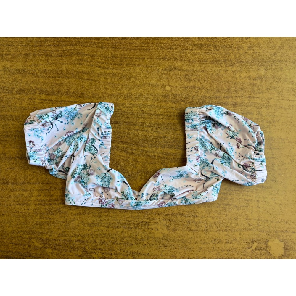 WeWoreWhat Floral Puff Sleeve Bikini Top Pink Blue XS